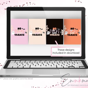 May include: A laptop screen shows four Halloween-themed designs with the text "No Tricks Just Treats." Each design features a ghost, spiderweb, and bat. The designs are on pink, beige, black, and orange backgrounds. Text at the bottom reads "These designs included in download."