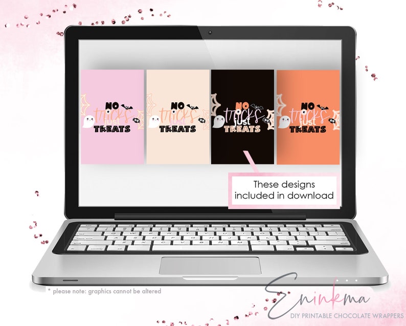 May include: A laptop screen shows four Halloween-themed designs with the text "No Tricks Just Treats." Each design features a ghost, spiderweb, and bat. The designs are on pink, beige, black, and orange backgrounds. Text at the bottom reads "These designs included in download."