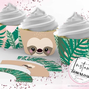 Embalagem de cupcake de preguiça, festa de preguiça, festa para impressão de preguiça imagem 1