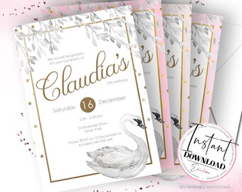 Swan Invitations, swan printable party, swan birthday invitation
