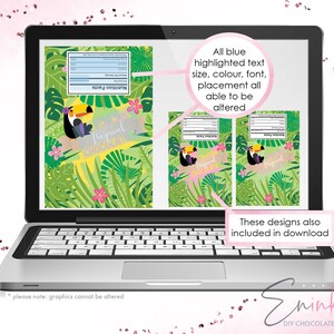 May include: A laptop screen displaying a digital design for a chocolate bar wrapper. The wrapper features a tropical theme with toucans, palm leaves, and the text "Tropical Chocolate". The text "All blue highlighted text size, color, font, placement all able to be altered" is displayed on the screen. The text "These designs also included in download" is displayed below the laptop.