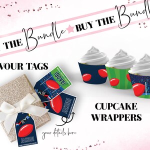 May include: A set of printable football-themed party supplies, including favor tags and cupcake wrappers. The favor tags are blue with a red football and the text "JAKOBI" in white. The cupcake wrappers are blue, green, and white with a football design.