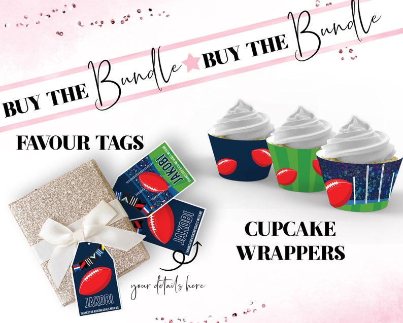 May include: A set of printable football-themed party supplies, including favor tags and cupcake wrappers. The favor tags are blue with a red football and the text "JAKOBI" in white. The cupcake wrappers are blue, green, and white with a football design.