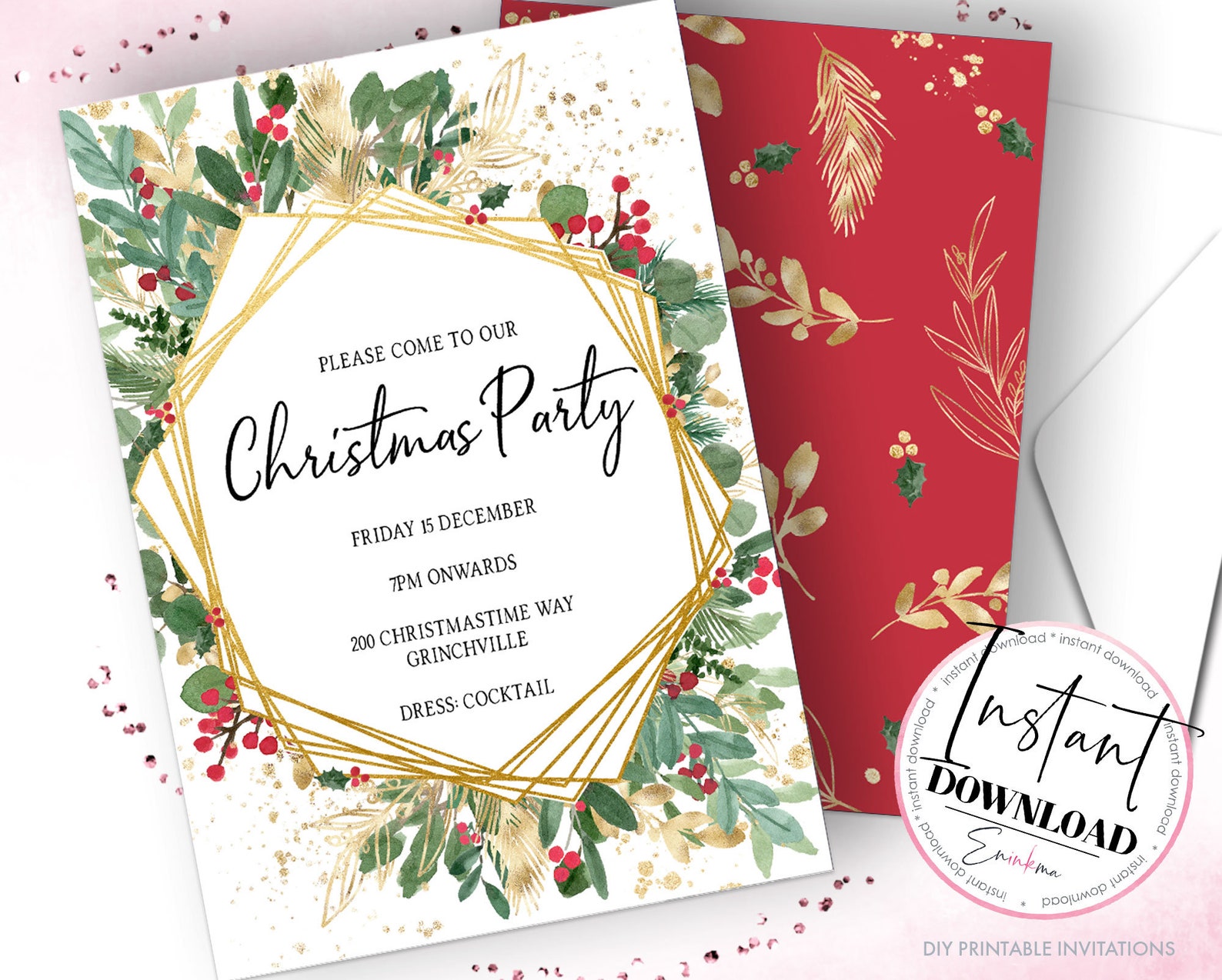 Holly Christmas Invitation, Christmas Printable Invitations, Christmas