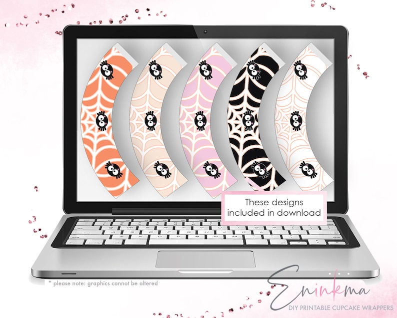 May include: A laptop screen displaying five different cupcake wrapper designs featuring a spider web pattern with black spiders. The text "These designs included in download" is displayed on the screen. The text "ninkma DIY PRINTABLE CUPCAKE WRAPPERS" is displayed below the laptop.