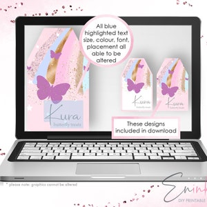 May include: A laptop screen displays digital gift tags with a butterfly theme. The tags feature a pink, gold, and blue watercolor design, a purple butterfly, and the text "Kura butterfly treats". The text "These designs included in download" is also visible.