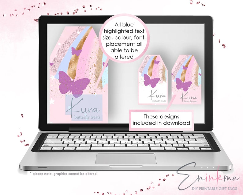 May include: A laptop screen displays digital gift tags with a butterfly theme. The tags feature a pink, gold, and blue watercolor design, a purple butterfly, and the text "Kura butterfly treats". The text "These designs included in download" is also visible.