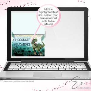 May include: A printable place card template for a dinosaur themed party. The card features a green dinosaur with a blue background and the text "Chocolate Volcanoes".