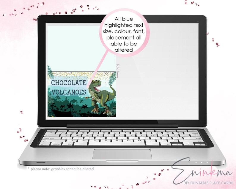 May include: A printable place card template for a dinosaur themed party. The card features a green dinosaur with a blue background and the text "Chocolate Volcanoes".