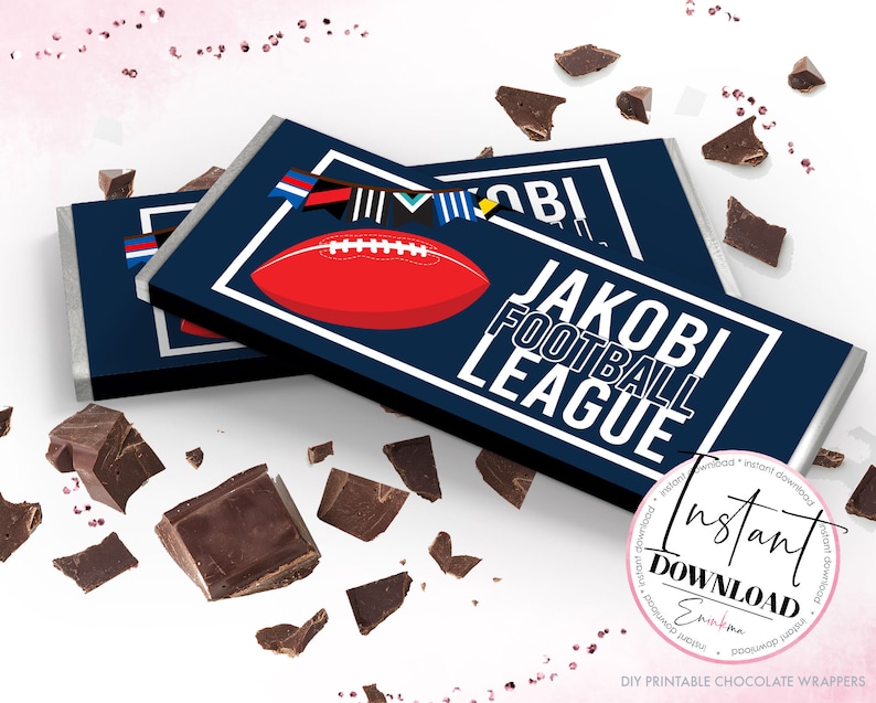 May include: Printable chocolate bar wrappers with a blue background, white text that says "JAKOBI FOOTBALL LEAGUE", and a red football with white laces. The wrappers also feature a banner of colorful flags.