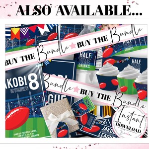 May include: A pink and white printable party bundle for a sports themed birthday party. The bundle includes a birthday invitation, cupcake toppers, and a banner that says "Buy the Bundle".