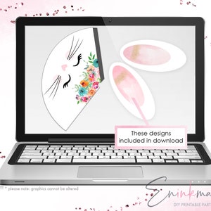 May include: A laptop screen displays DIY printable party hat designs. The designs include a white bunny face with floral accents and two pink and gold bunny ears. Text on the screen reads "These designs included in download."