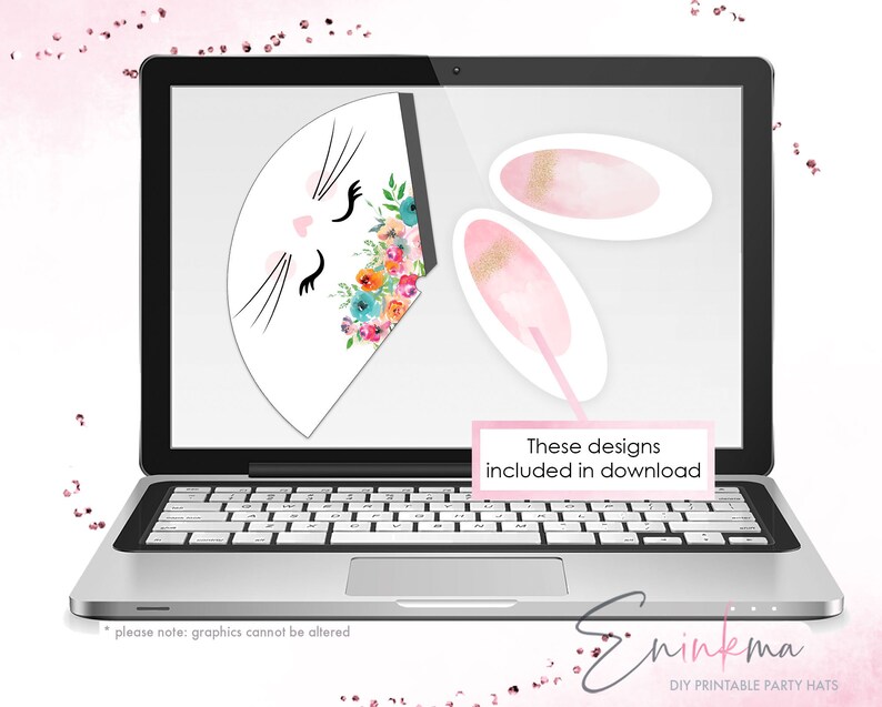 May include: A laptop screen displays DIY printable party hat designs. The designs include a white bunny face with floral accents and two pink and gold bunny ears. Text on the screen reads "These designs included in download."