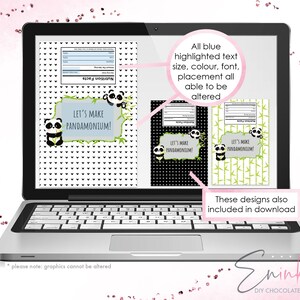 May include: Laptop screen displaying panda-themed designs for DIY chocolate wrappers. The designs include panda illustrations, the text "Let's Make Pandamonium!", and nutrition facts labels. The designs are in black and white, and green.
