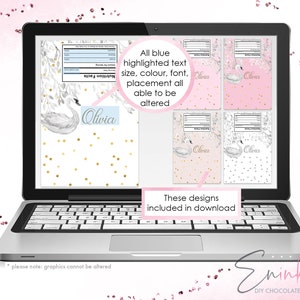 May include: A laptop screen displaying four different designs for printable chocolate bar wrappers. The wrappers feature a white swan with gold glitter and the name "Olivia" on a pink and white background. The text "These designs included in download" is displayed below the images. The text "All blue highlighted text size, color, font, placement all able to be altered" is displayed on the left side of the screen.
