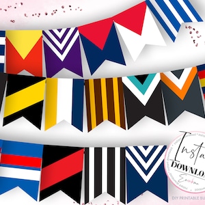May include: A printable bunting banner with a nautical theme. The banner features flags in various colors and patterns, including red, white, blue, yellow, black, and orange. The flags are arranged in a row and have a pointed shape at the bottom. The text "Instant Download" and "DIY Printable Bunting" is visible at the bottom of the image.