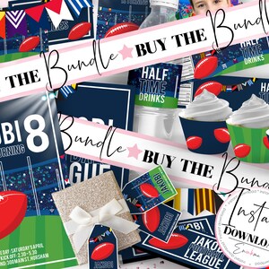 May include: A printable party bundle for a child's birthday party with a rugby theme. The bundle includes a banner, cupcake toppers, and a sign that says "Jakobi is turning 8".