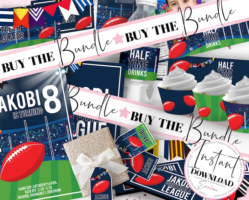 May include: A printable party bundle for a child's birthday party with a rugby theme. The bundle includes a banner, cupcake toppers, and a sign that says "Jakobi is turning 8".