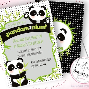 May include: A black and white panda bear with green bamboo stalks on a white background with black hearts. The text "It's time for party pandamonium Come and have some fun at Jordan's 9th birthday Saturday 4 September, 2PM 15 China Lane, Bambooville RSVP to Mumma Panda Liz: 0402 444 444" is on the invitation.