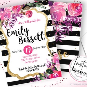 Striped Florals Invitations, Stripe Invites, Floral Invitations, Kate Spade inspired Invite