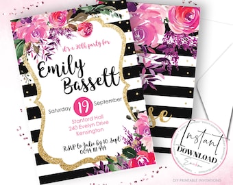 Striped Florals Invitations, Stripe Invites, Floral Invitations, Kate Spade inspired Invite
