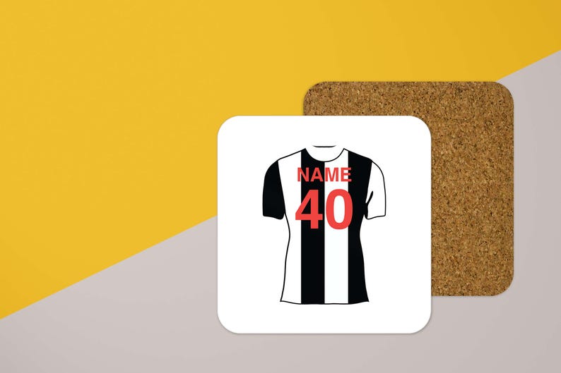 May include: A white coaster with a black and white football jersey design. The jersey has the word "NAME" and the number "40" printed on it.
