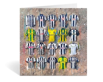 May include: A collection of 20 football jerseys, featuring a variety of designs and sponsors. The jerseys are displayed on a textured background with splashes of paint.
