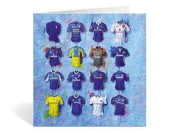 May include: A collage of 16 different Chelsea Football Club jerseys, displayed on a blue background with paint splatters. The jerseys feature various sponsors, including Samsung, Yokohama, and Emirates.