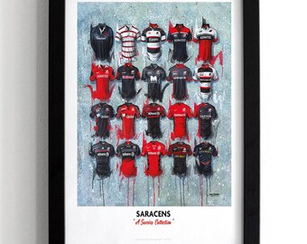 May include: A framed print of a collection of rugby jerseys, featuring the team name "Saracens" and the text "A Saracens Collection". The jerseys are arranged in a grid pattern and are in various shades of red, black, and white.
