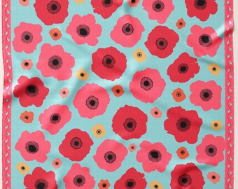 Turquoise Poppy Silk Scarf: Floral Neckerchief, Bag Accessory