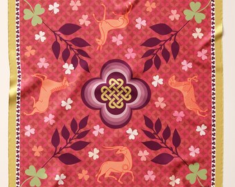 Celtic Medieval Silk Scarf: Shamrock, Clover & Animal Print