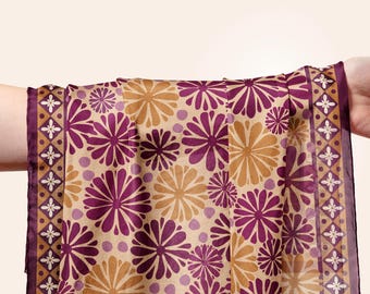 Floral Habotai Silk Scarf: Bohemian Purple Ochre Autumn Scarf