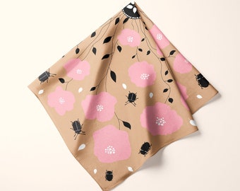 Silk Scarf: Pastel Pink Floral Bugs Print, Boho Headband