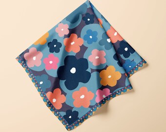 Foulard en soie à fleurs bleues : foulard en satin