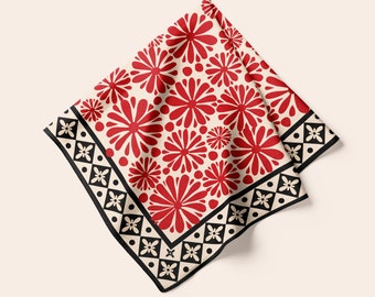 Red Floral Silk Scarf: Square Head Wrap, Artistic Print