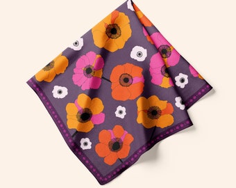 Floral Silk Scarf: Purple, Orange & Pink Head Scarf