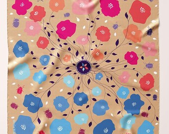 Blue & Pink Floral Silk Scarf: Bohemian Headband, Bag Accessory