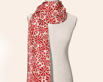Red Floral Silk Scarf: Mid-Century Retro Print Shawl