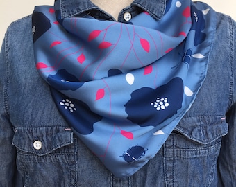 Indigo Floral Silk Neckerchief: Satin Scarf, Curly Hair Accessory