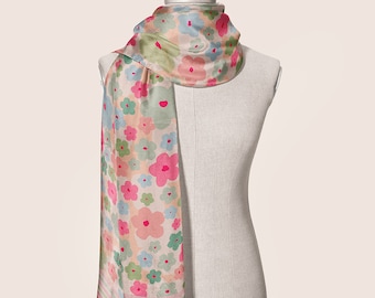 Floral Silk Scarf: Pastel Head Wrap, Wedding Shawl