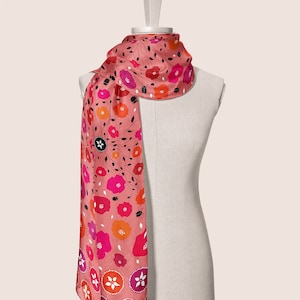 Floral silk hair scarf, Head scarf for women, Colorful fabric with coral red and pink flowers, Long scarves, Warm colorful neck scarf, Boho