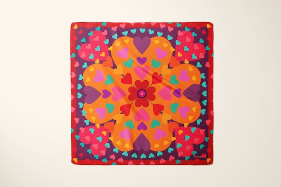 Color Block Hearts Silk Scarf: Colorful Satin Bandana - Etsy display picture 3