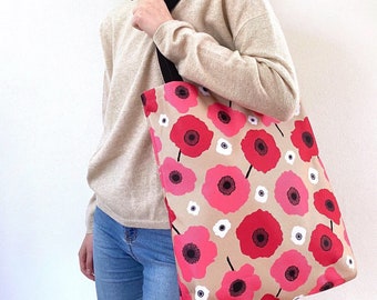 Poppy Tote Bag With Pockets and Zipper, Reusable Shopping