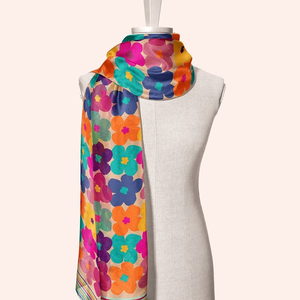 Colorful long silk scarf for women, Hair scarf for curly hair, Floral shawl, Headscarf headband for women, Stole design with flower print