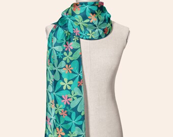Long Green Silk Scarf: Botanical Floral Shawl Headband