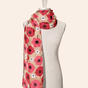 Poppy print pure silk scarf, Long silk scarf with poppies, Floral silk rectangle scarf, Silk hair scarves with luxury print, Shawl Head wrap