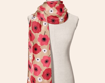 Poppy Print Silk Scarf: Floral Shawl, Head Wrap