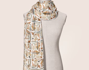 Silk Scarf: Abstract Print Shawl, Earth Tones Head Wrap