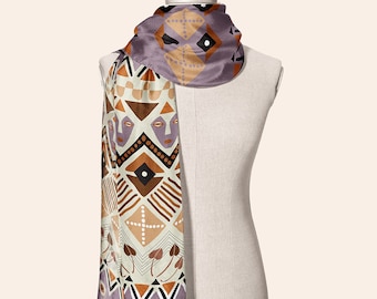 Long African Silk Scarf: Ethnic Print Shawl, Neutral Headband