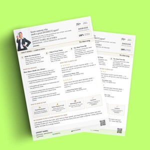May include: Two white printed documents with text and a photo of a person in a suit. The documents are for a real estate agent, with the text "Know someone who needs a great [MARKET] agent?" and "AGENT NAME, REALTOR".